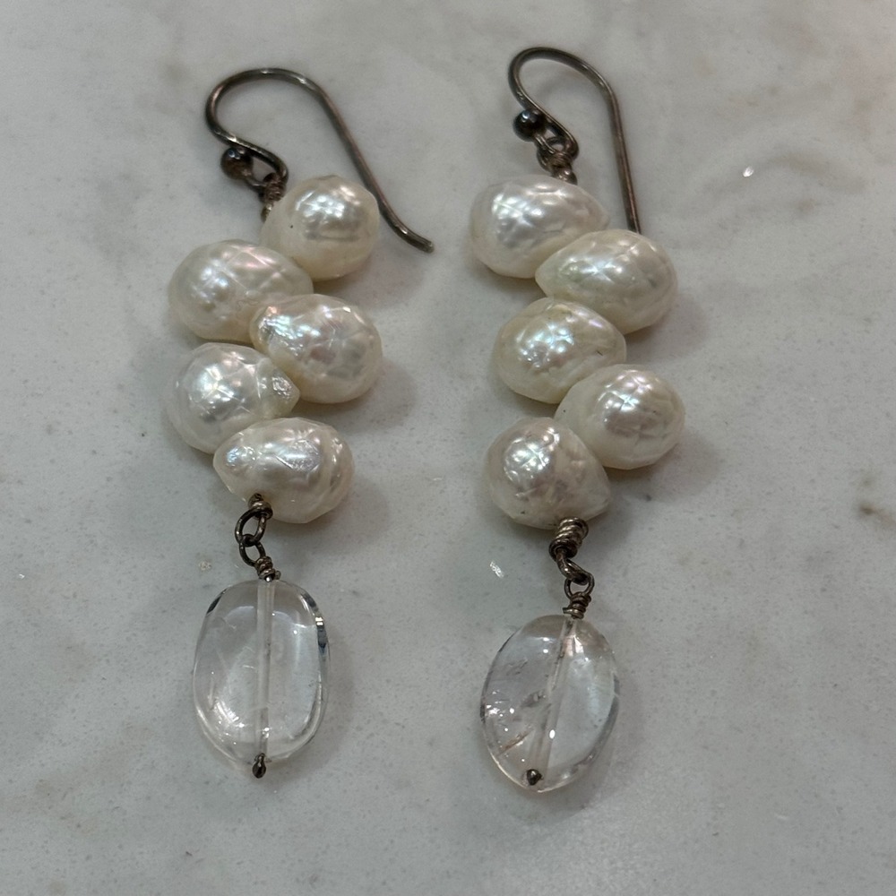 Freshwater Pearl Drop Earrings White Sterling Silver Quartz Dangle Coastal Beach - Picture 3 of 4